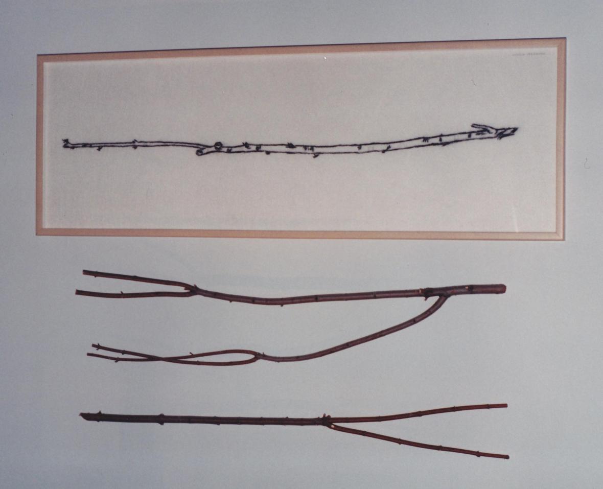 9801-02_1998  fusain, crayon lithographie sur géotextile et branches d'arbre 52x149cm (20,5x58,5po)
