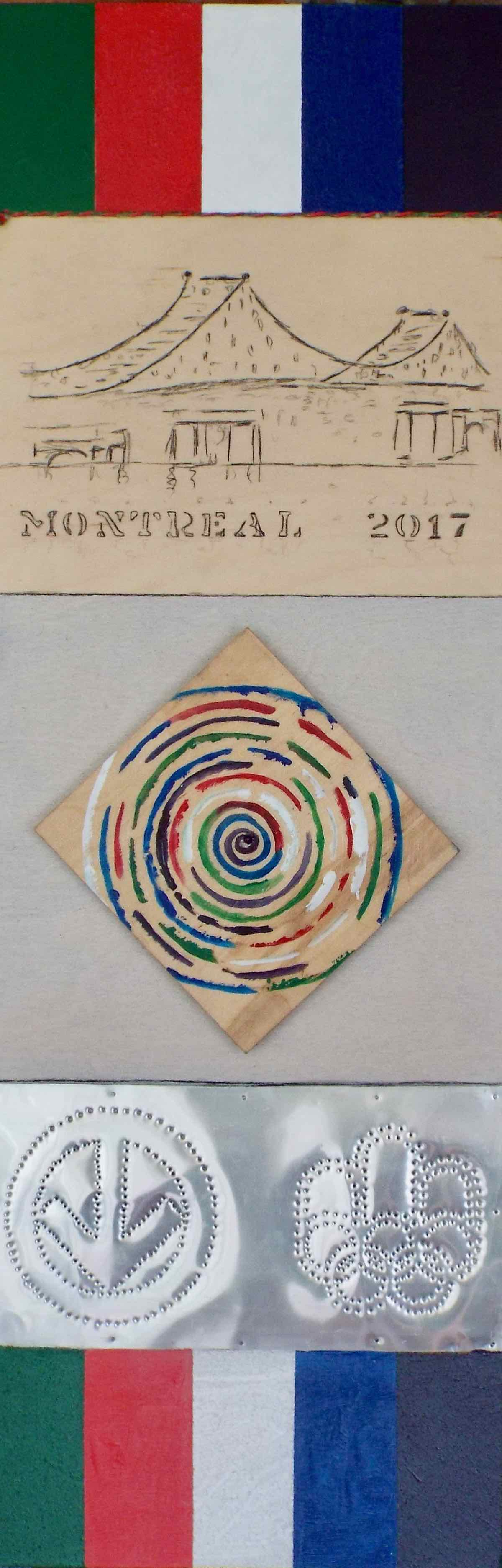 1706-05_2017 acrylique, bois, aluminium, sable,corde, clous, crayon, bille sur bois 91x30cm (36x12po)