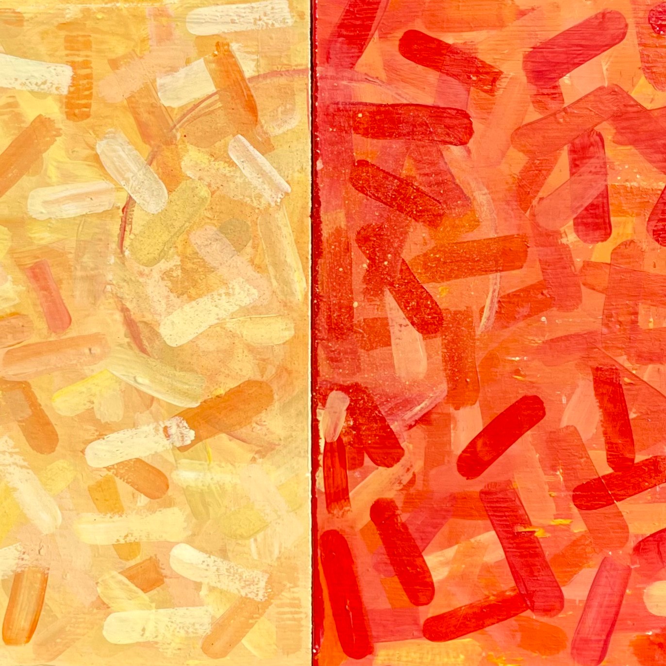 2112-12 2021 diptyque, acrylique, bâtons de bois sur bois brut 23x47x4cm (9x18 1/2 x1 1/2po)