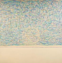 Acrylique, sable sur toile
107 x 107 cm, (42 x 42 po)